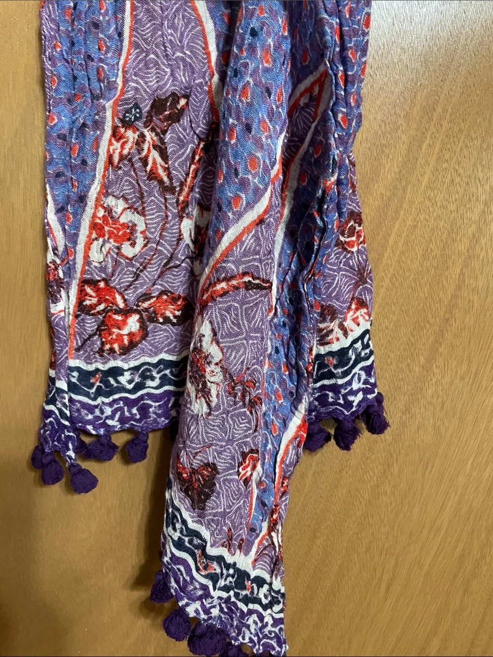 Tory Burch Purple Floral Lightweight Wrap with Pom Trim